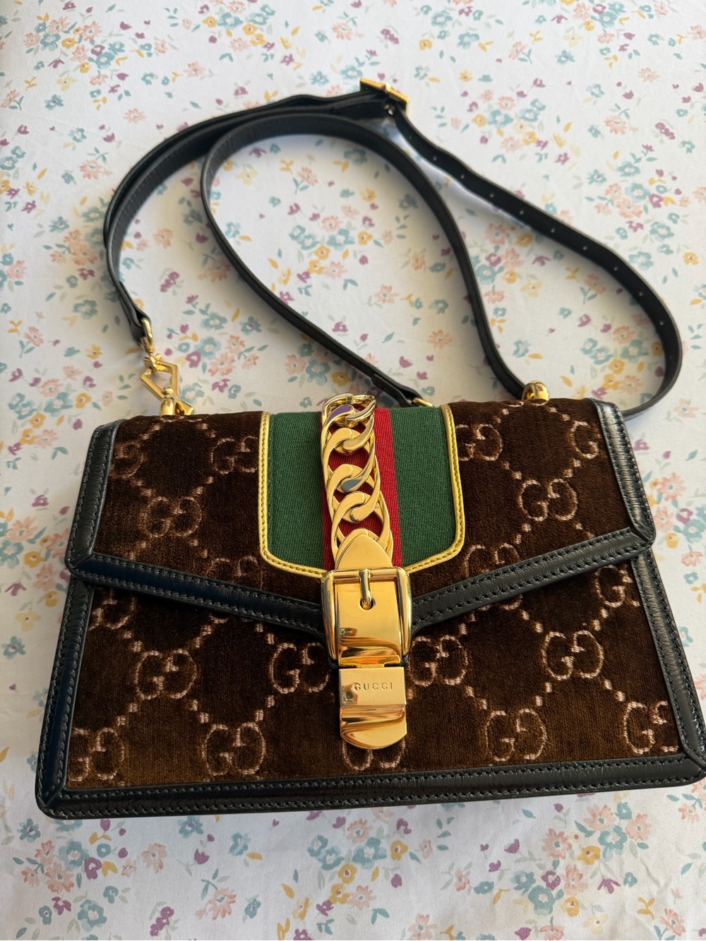 Gucci Brown GG Velvet Crossbody with Green & Red Web and Gold Hardware